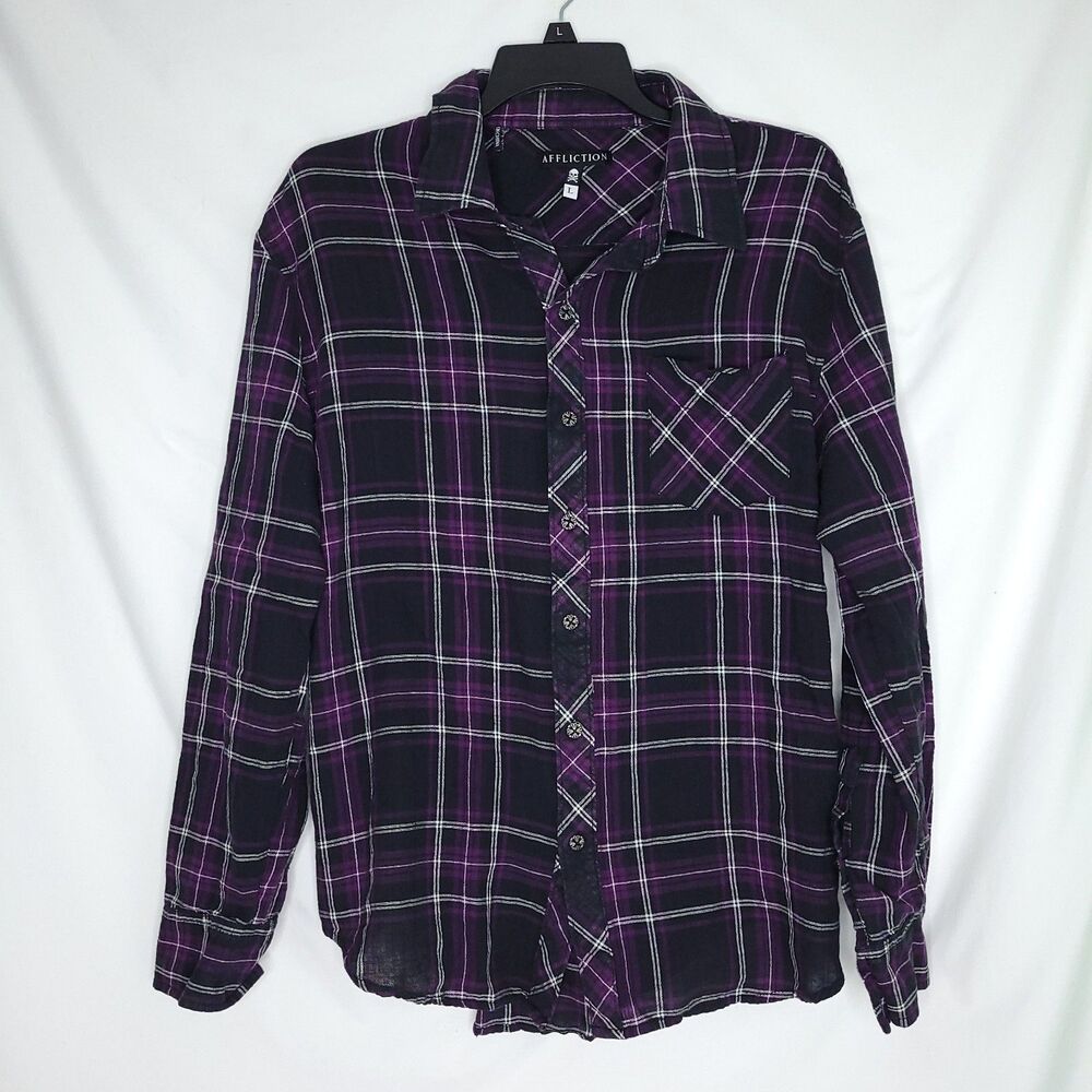 Affliction Women's Large Purple Plaid Long Sleeve Button Down Shirt
